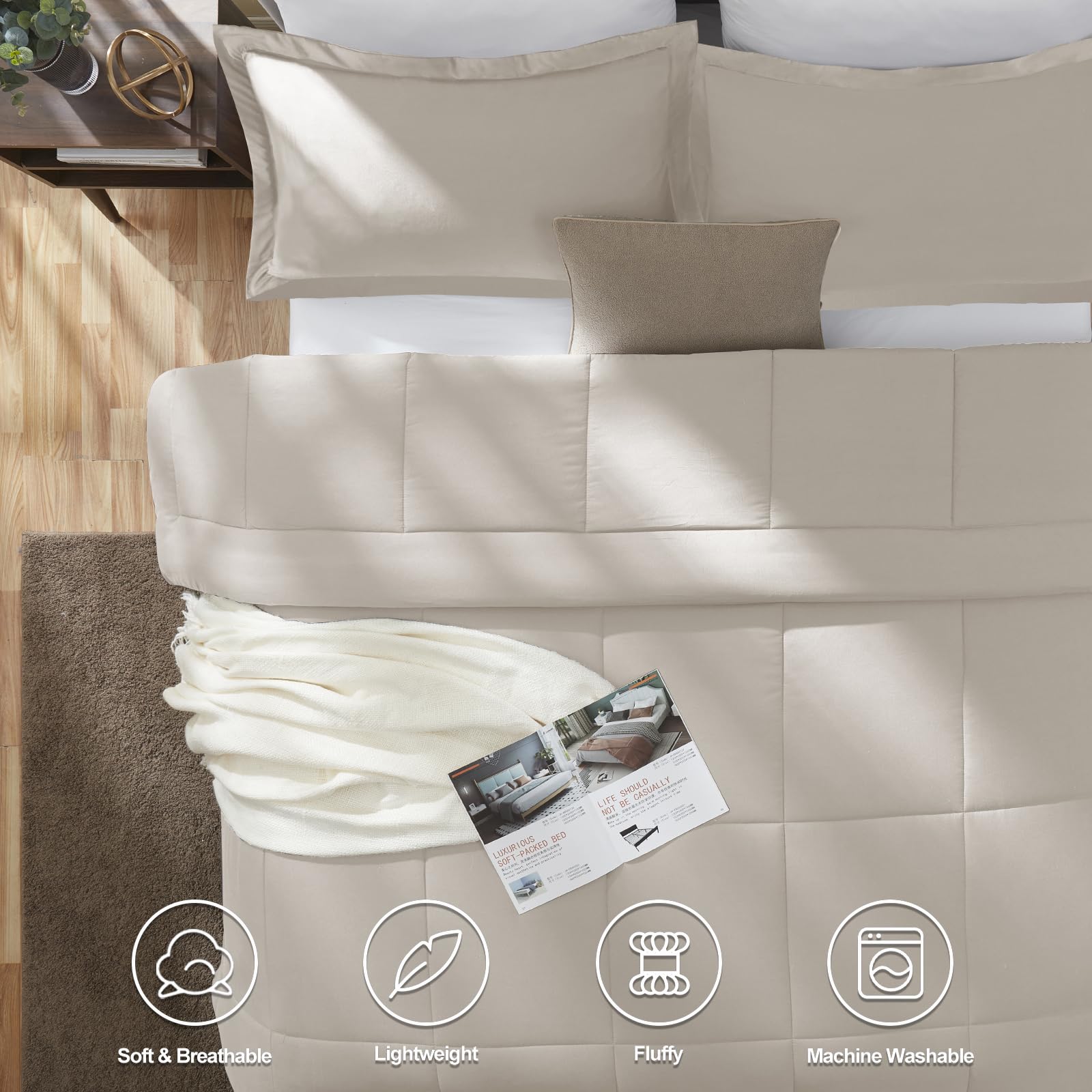 Cozylux King Size Comforter Sets - Beige Comforter King Size, 3 Pieces Box Stitched Soft Lightweight Bed Set, All Season Bedding Sets With 1 Down Alternative Comforter And 2 Pillow Shams